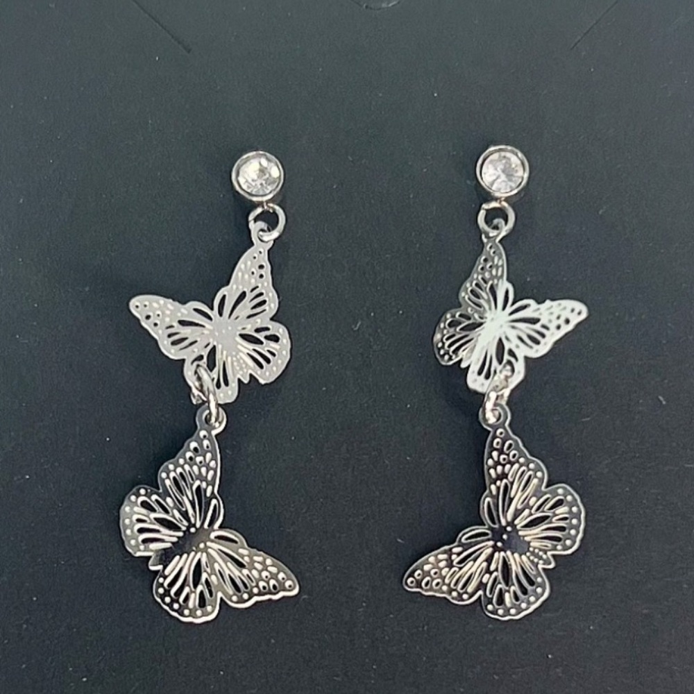 Butterfly Dangle Earrings w CZ Stone